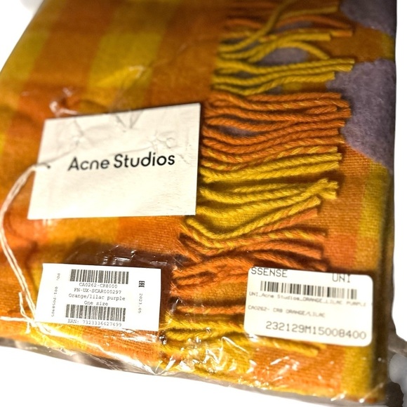 ACNE STUDIOS NWT Check Logo Fringed Wool Scarf in Orange/Lilac - Picture 5 of 6